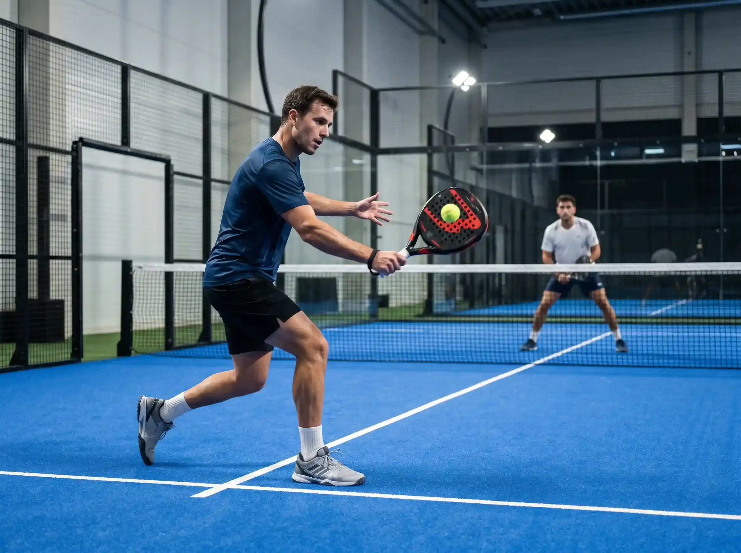 Pareja de jugadores de pádel profesional en pista cubierta durante un punto de partido del circuito Premier Padel