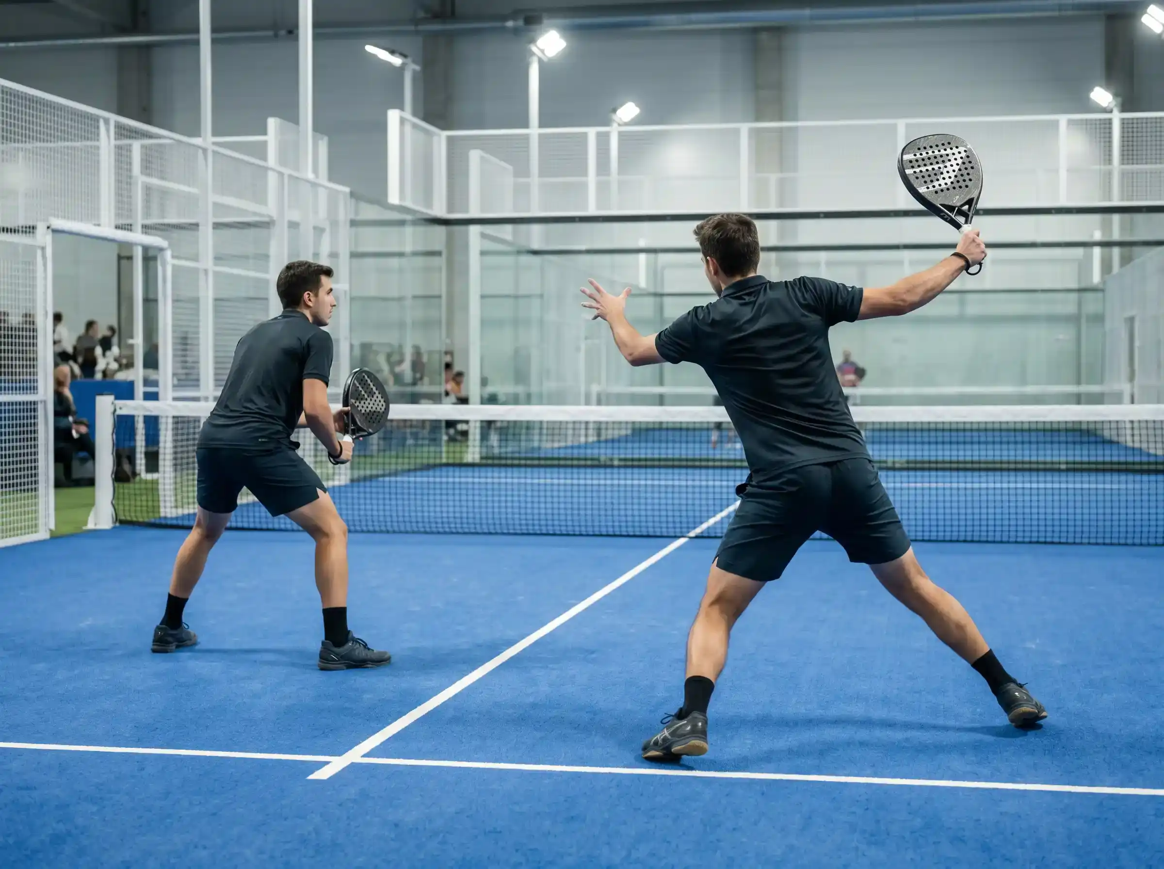 Pareja masculina de pádel profesional durante un partido de alta intensidad en una final del circuito Premier Padel